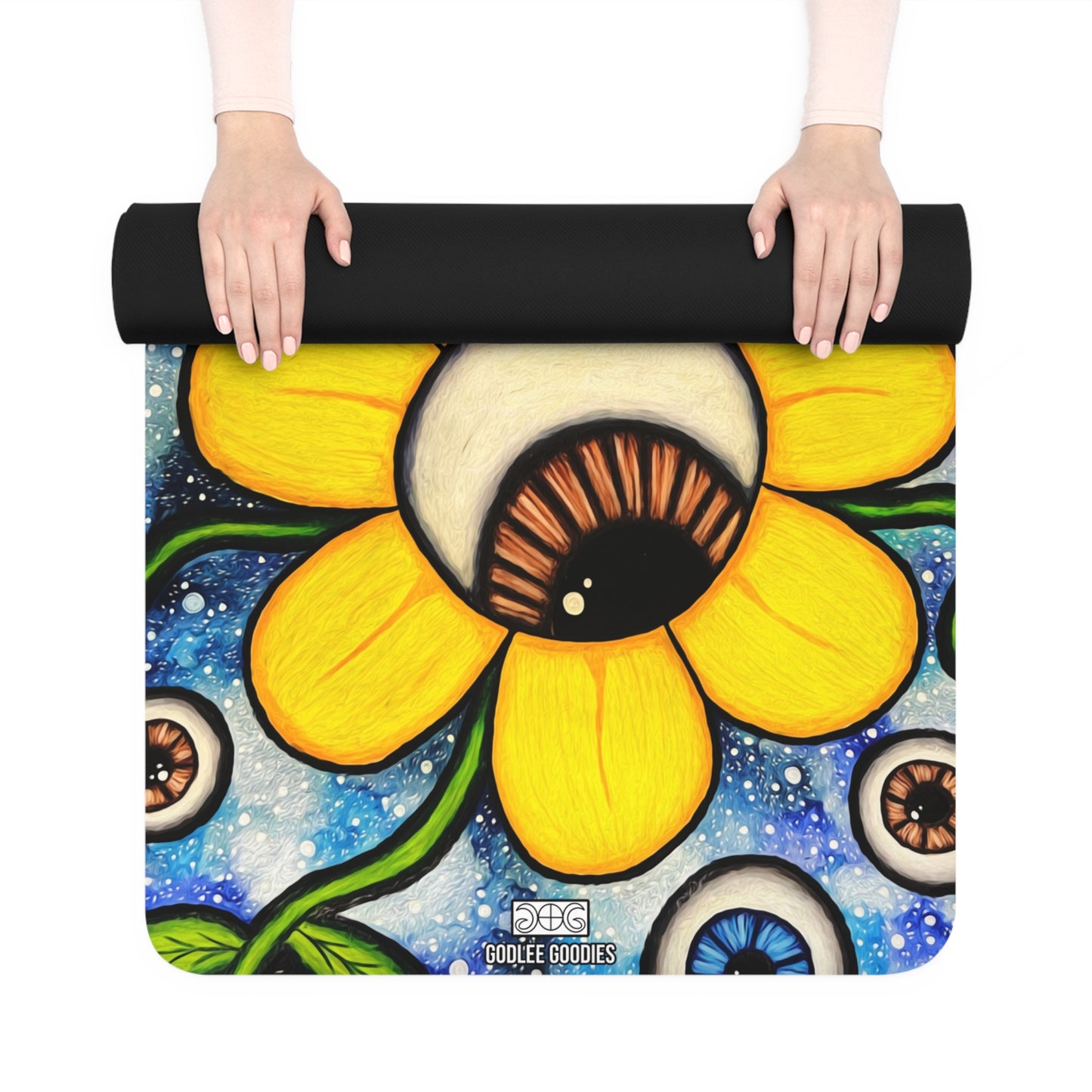 Eye Bloom Rubber Yoga Mat — Vibrant Sunflower & Eyeball Pattern Yoga Mat